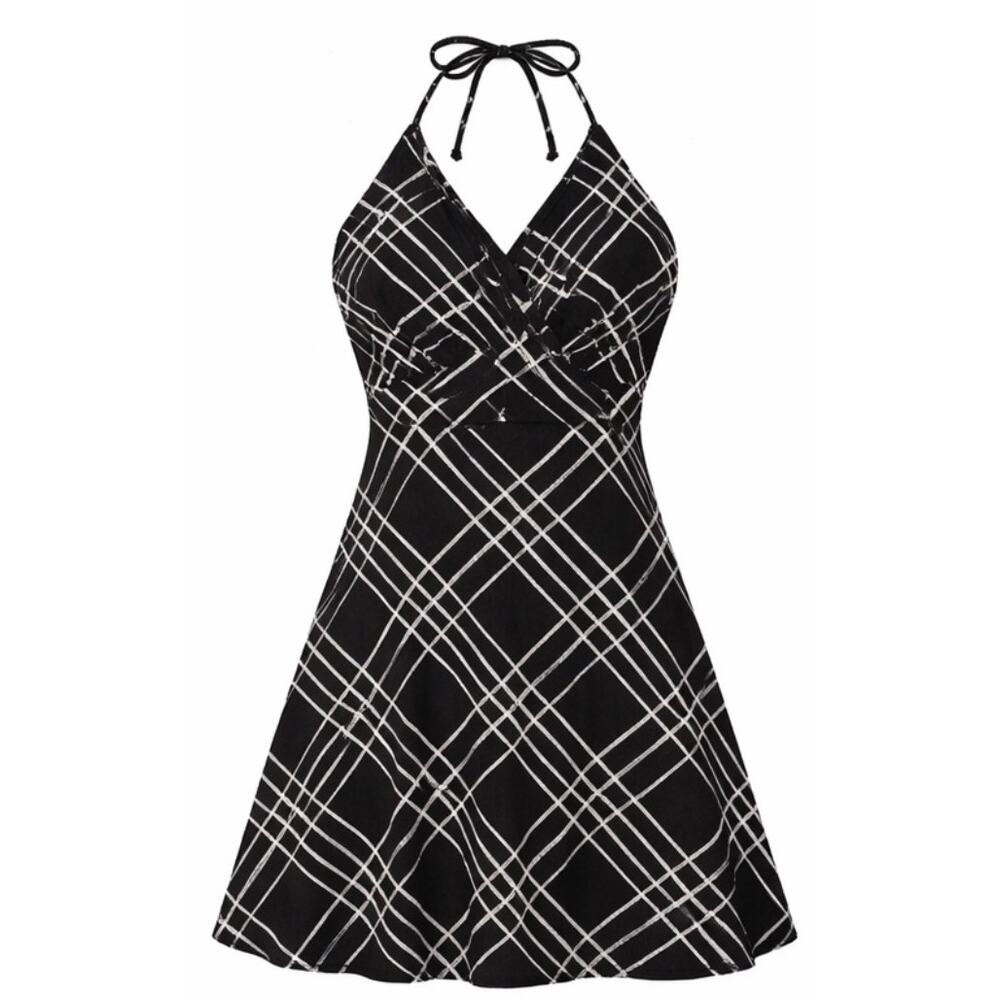 Q USA Halter Dress S Black White Plaid Fit Flare Y2K Minimal Chic